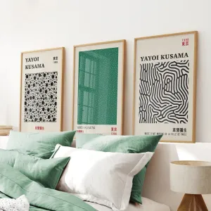 3 Piece Sage Green Abstract Japanese Wall Art Set. Yayoi Kusama