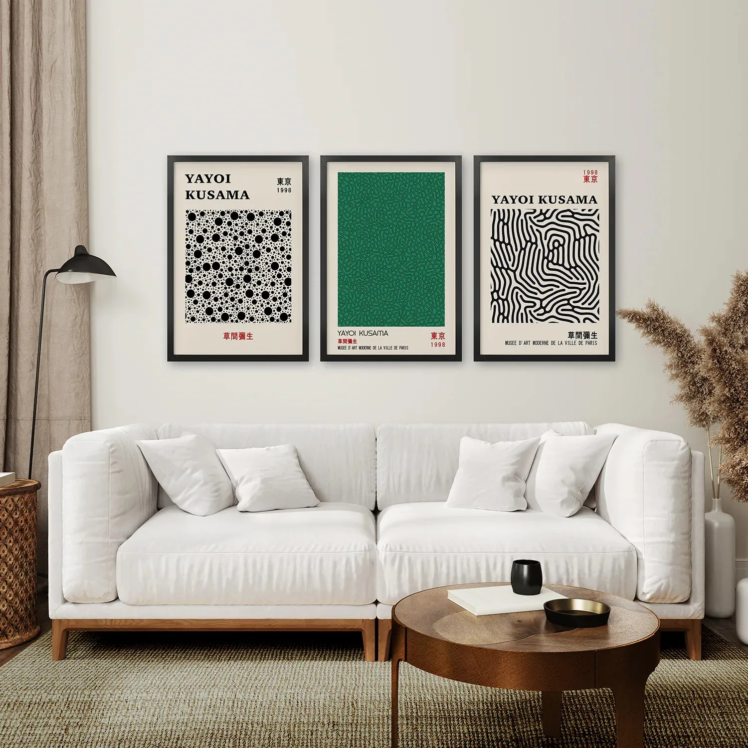 3 Piece Sage Green Abstract Japanese Wall Art Set. Yayoi Kusama