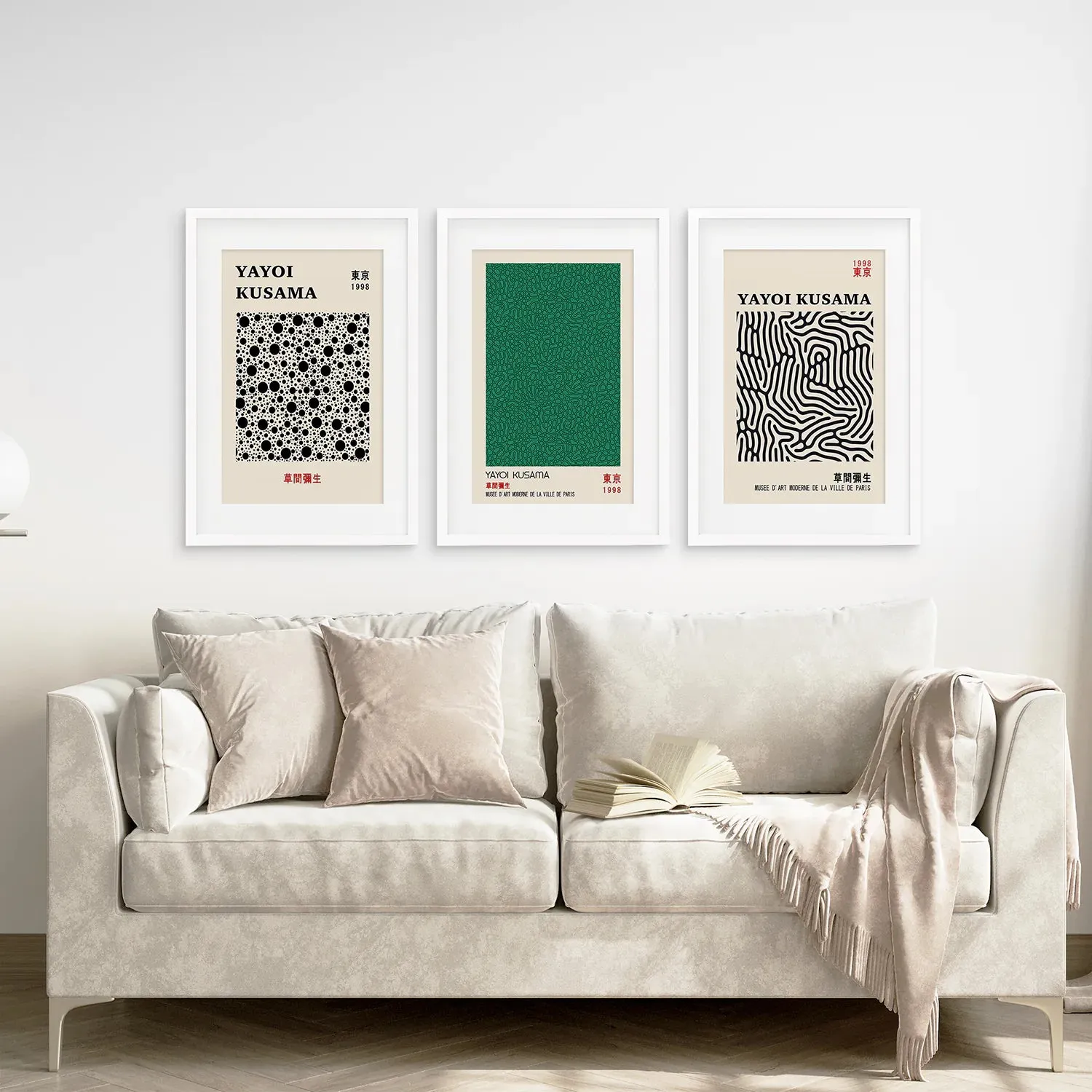 3 Piece Sage Green Abstract Japanese Wall Art Set. Yayoi Kusama