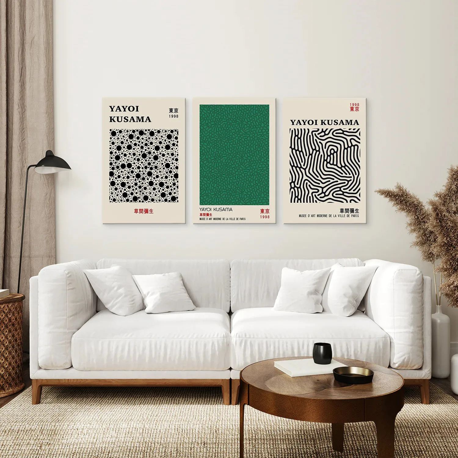 3 Piece Sage Green Abstract Japanese Wall Art Set. Yayoi Kusama