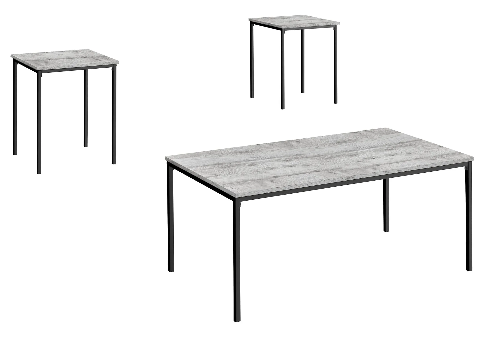 3pcs Coffee & End Table Set, Black Metal & Grey Laminate, Contemporary