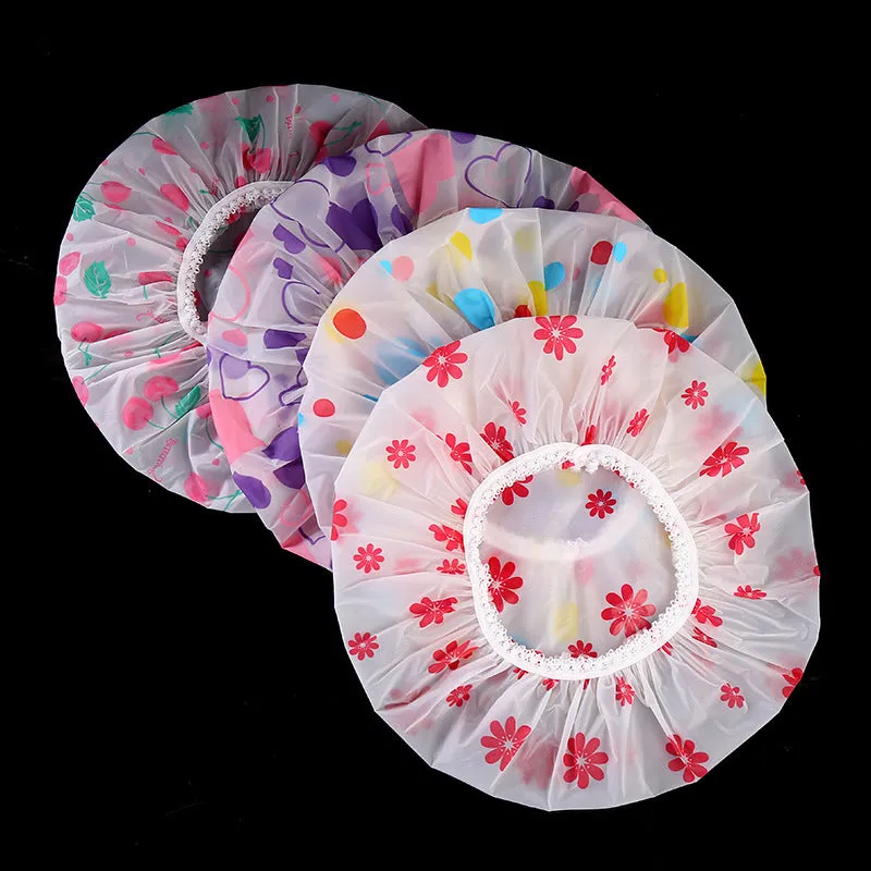 5 PCS Thickened Waterproof Shower Cap with Elegant Matte Print and Lace Trim, HG0023