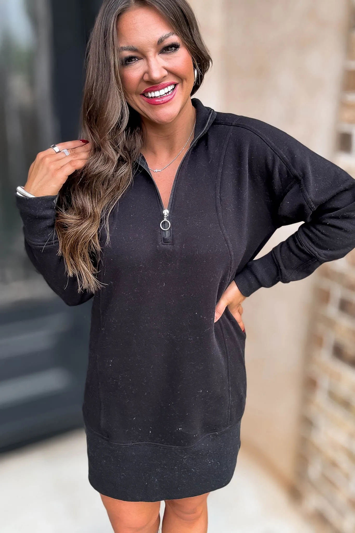 Fun Black High Neck Half Zip Sweatshirt Dress