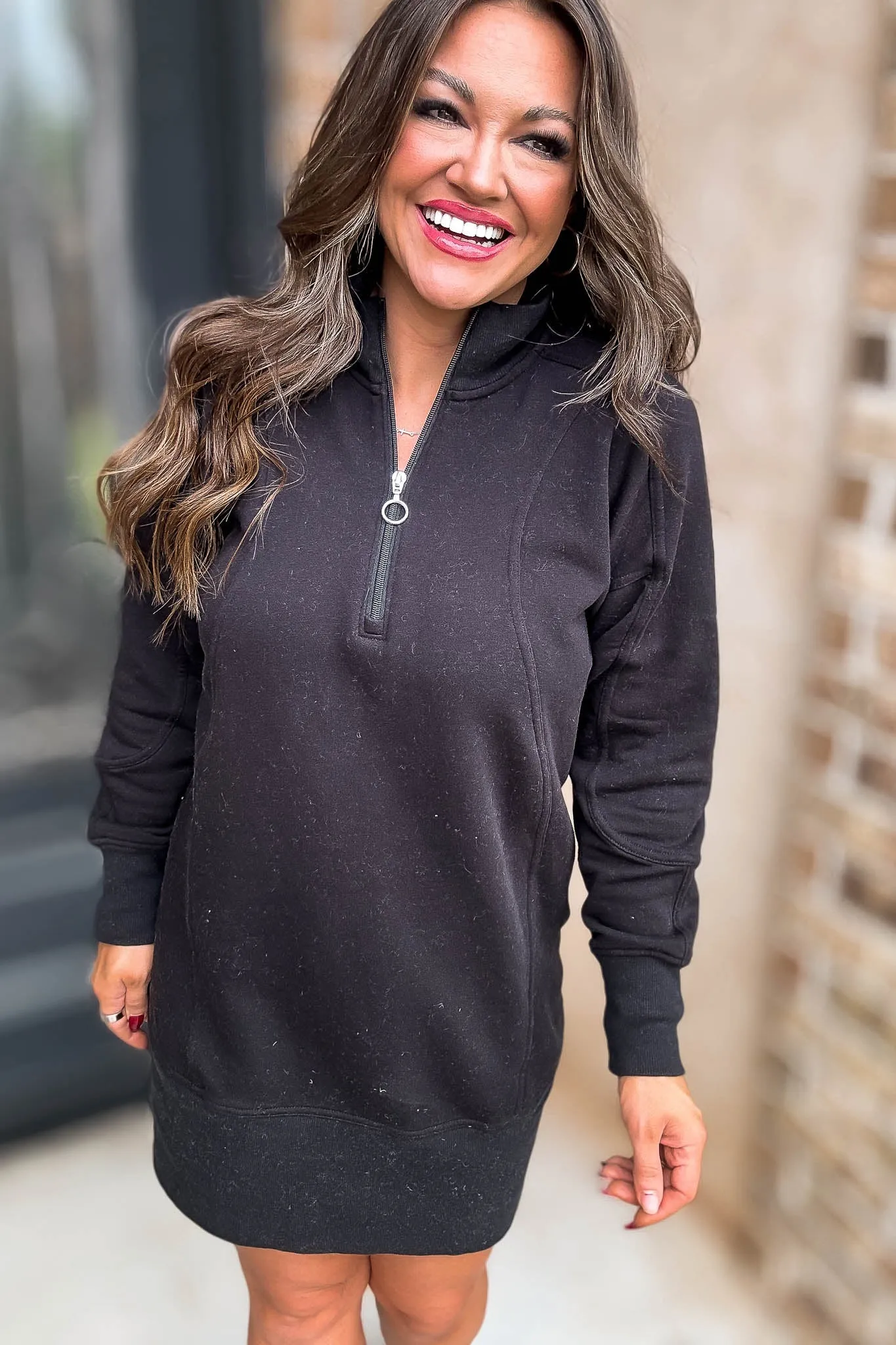 Fun Black High Neck Half Zip Sweatshirt Dress