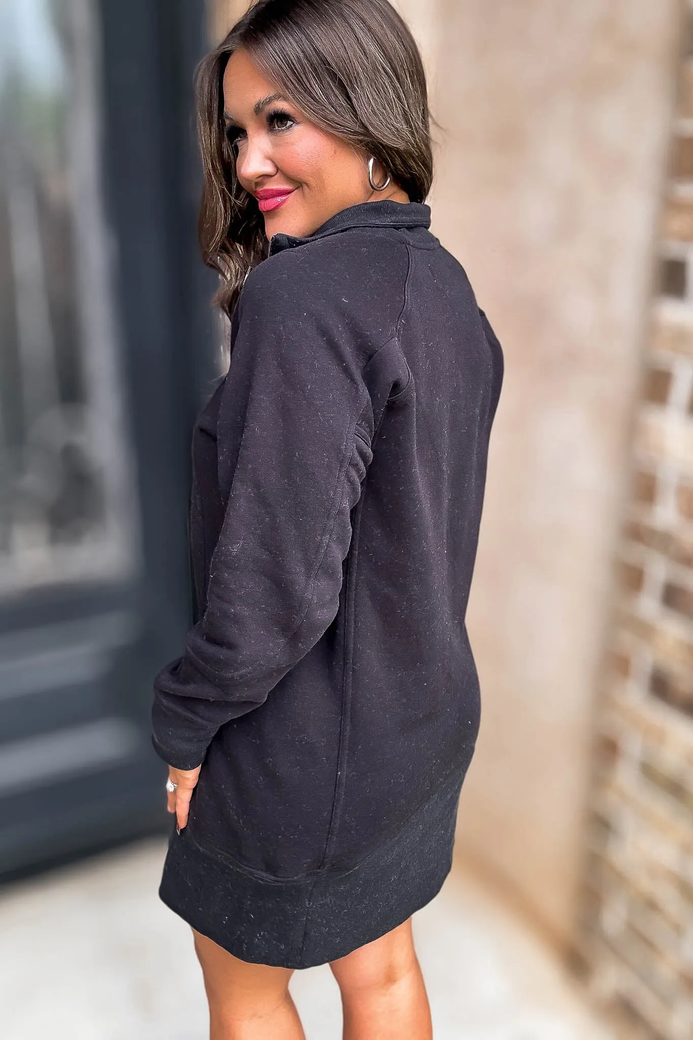 Fun Black High Neck Half Zip Sweatshirt Dress