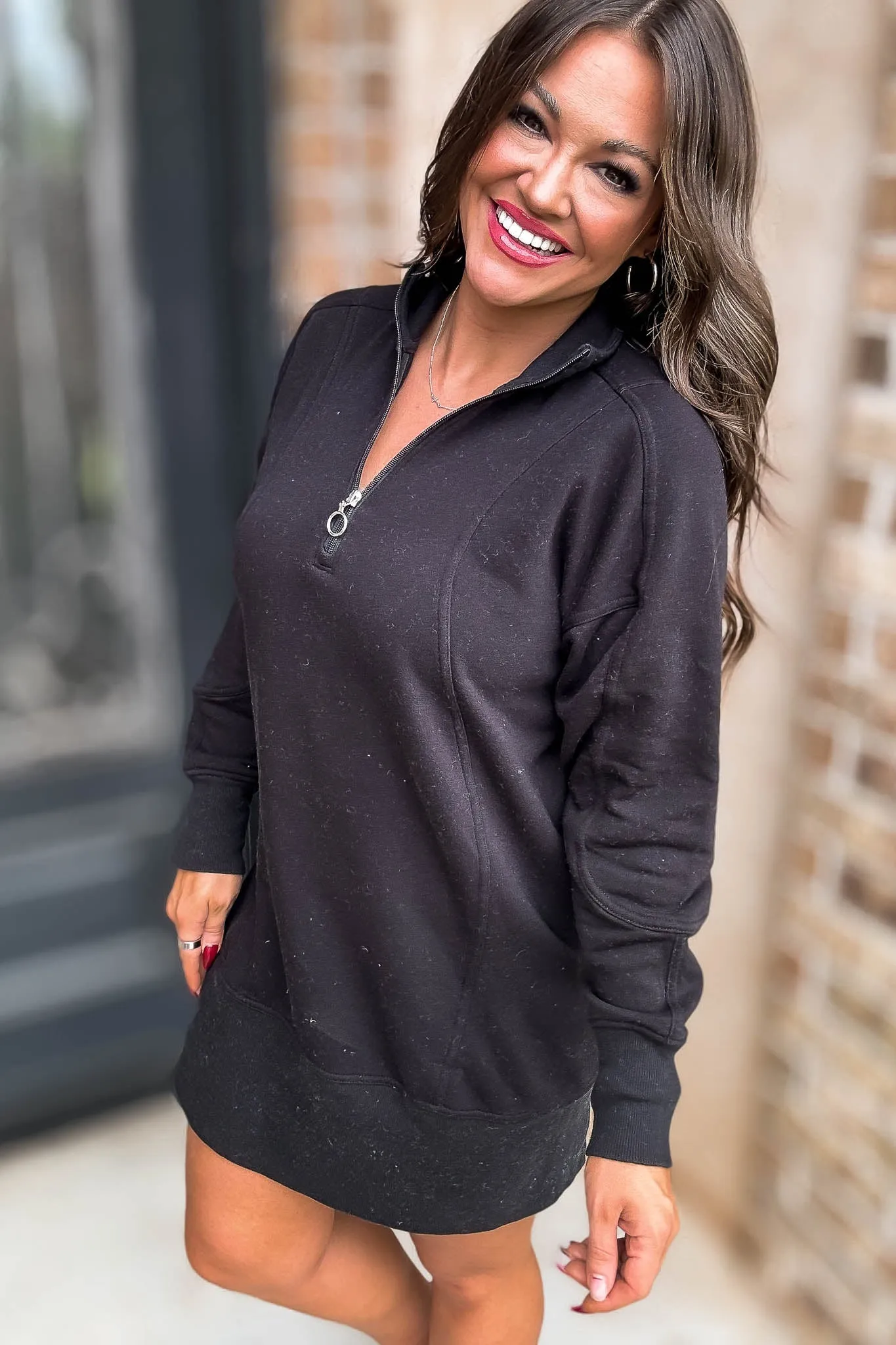 Fun Black High Neck Half Zip Sweatshirt Dress