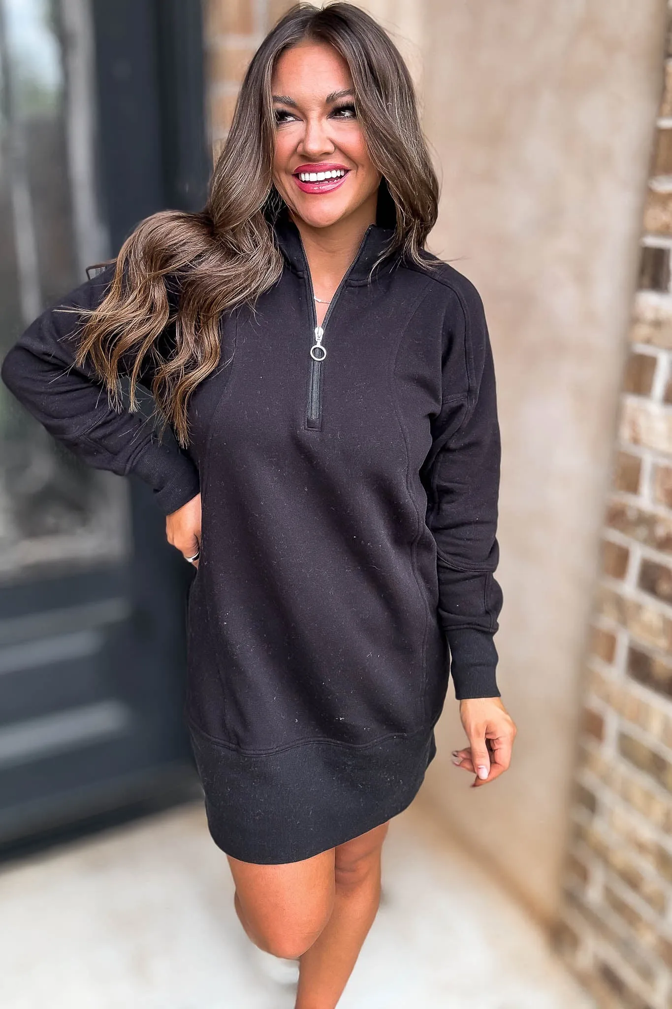 Fun Black High Neck Half Zip Sweatshirt Dress