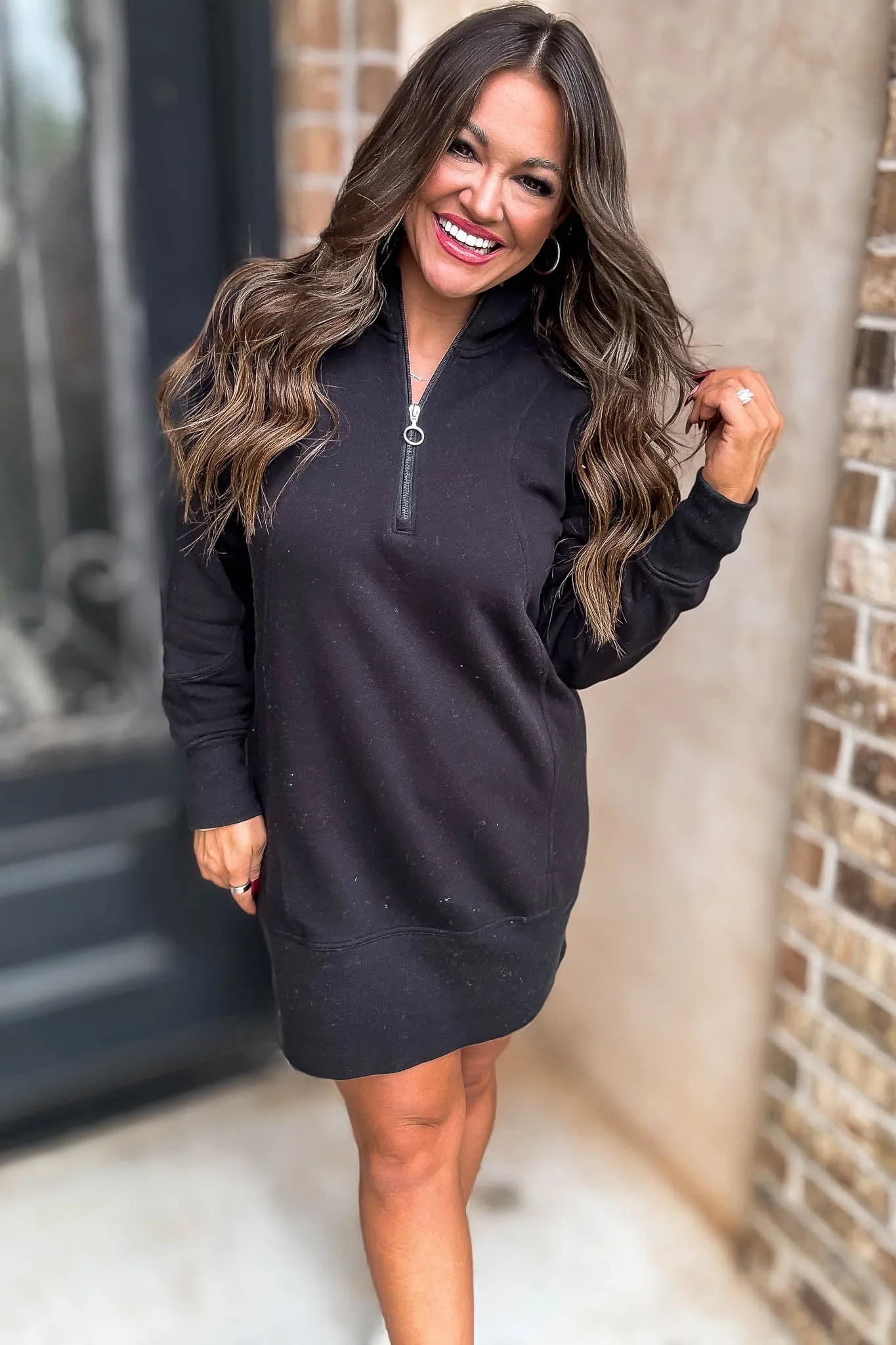 Fun Black High Neck Half Zip Sweatshirt Dress