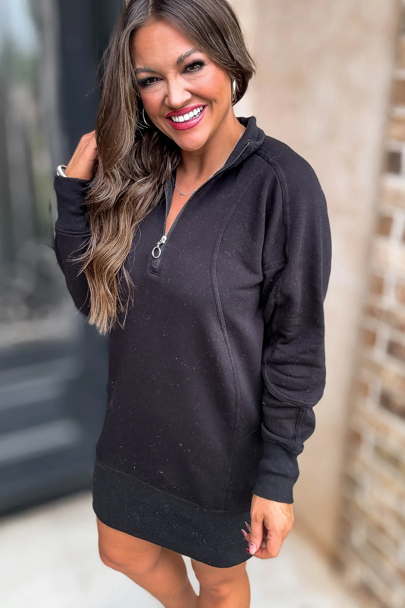 Fun Black High Neck Half Zip Sweatshirt Dress