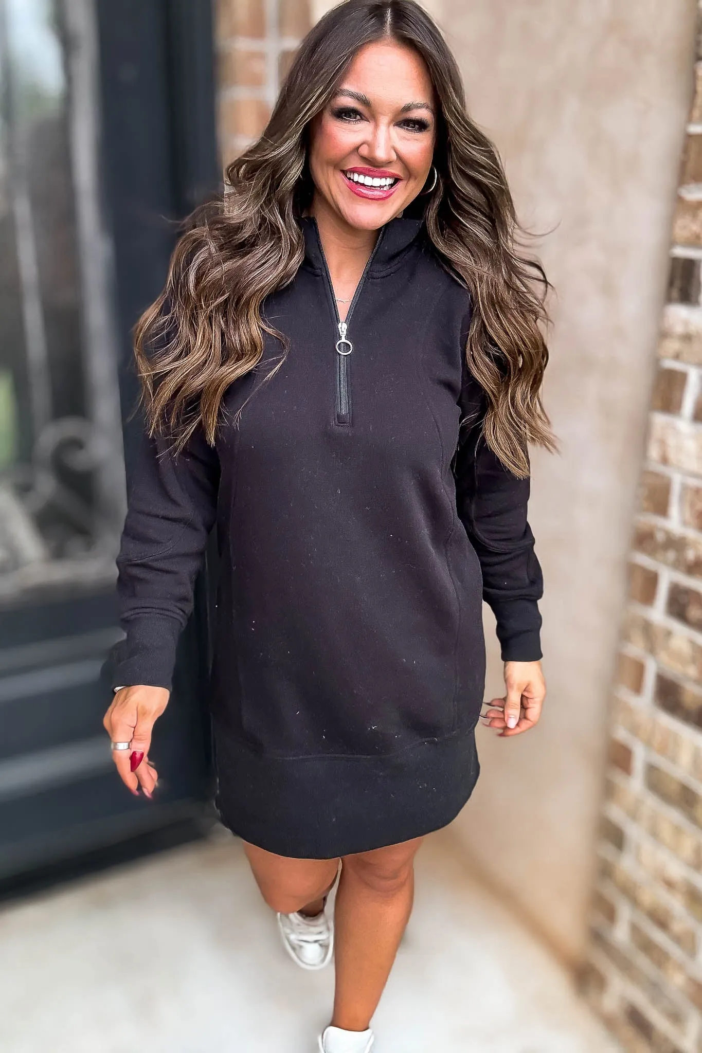 Fun Black High Neck Half Zip Sweatshirt Dress