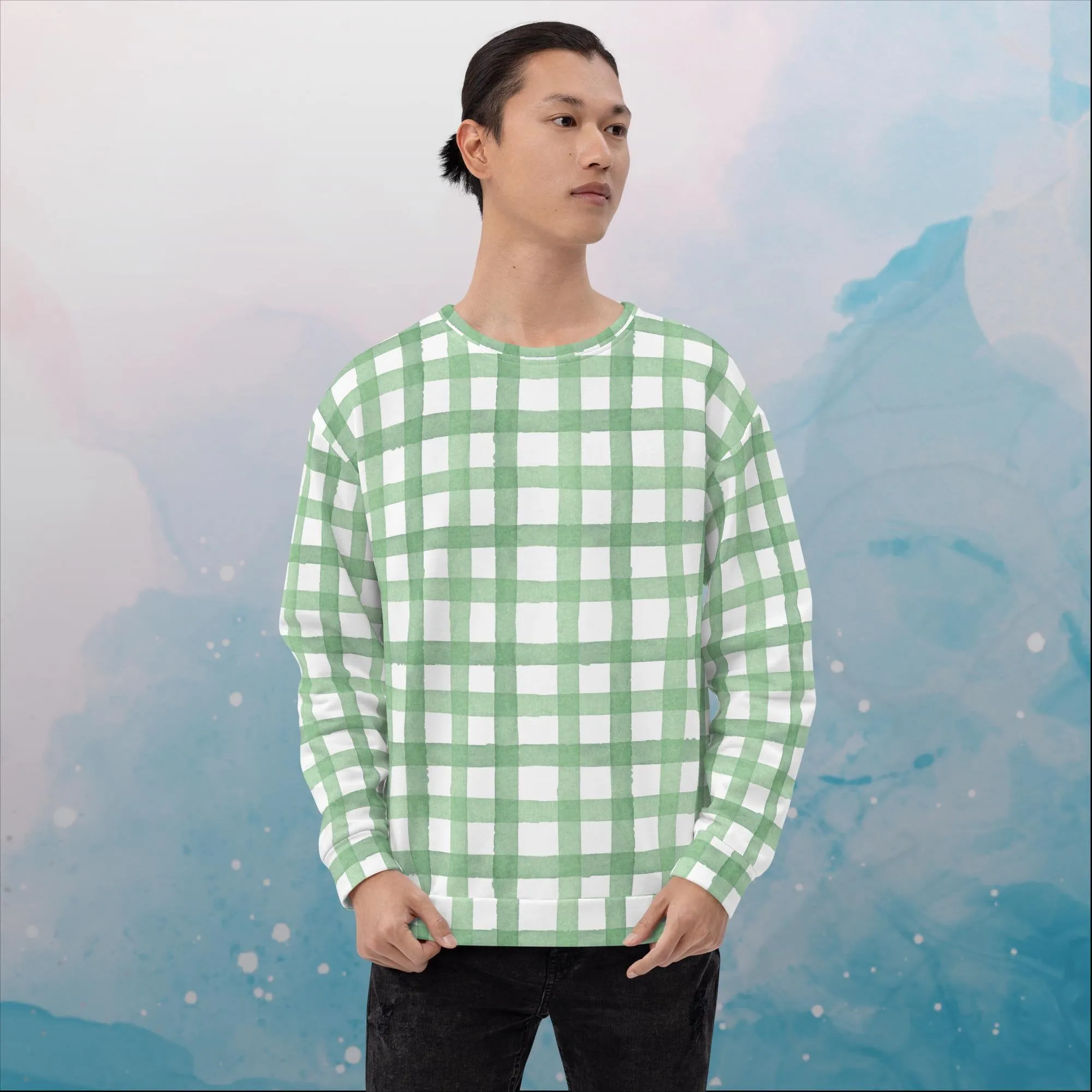 Green Gingham Print Unisex Sweatshirt