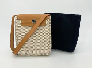 Hermes Herbag Tpm Mini Black and Beige Sangles Canvas