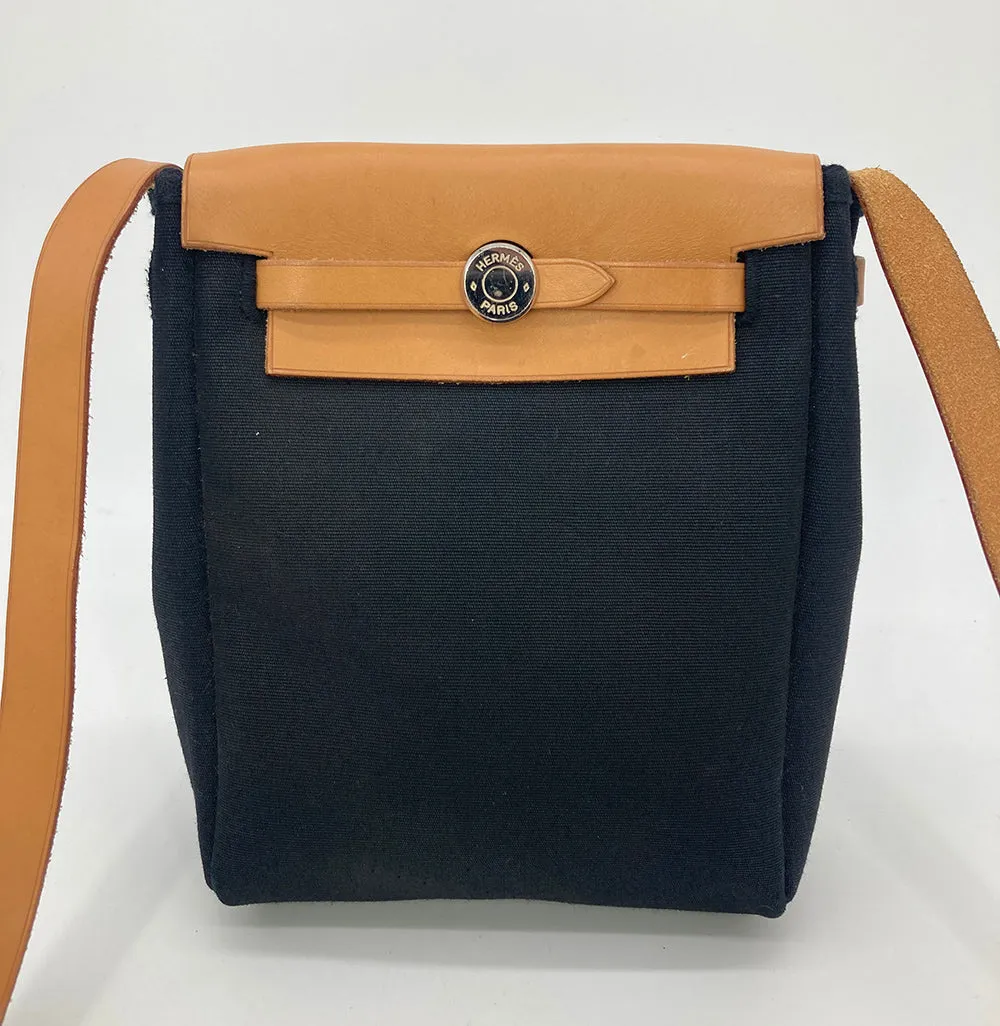 Hermes Herbag Tpm Mini Black and Beige Sangles Canvas