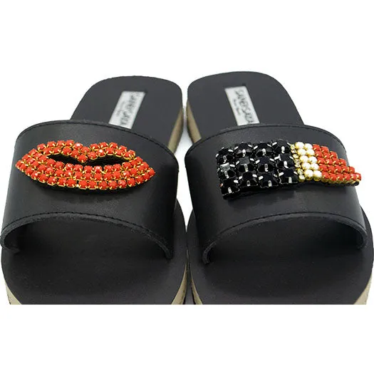 Lips -Red Crystal Embellished - Waterproof Espadrille Slide Flat Sandals for Women