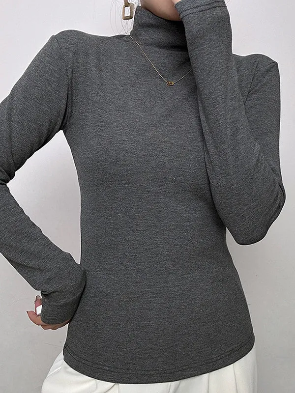 Long Sleeves Skinny Solid Color High Neck T-Shirts Tops