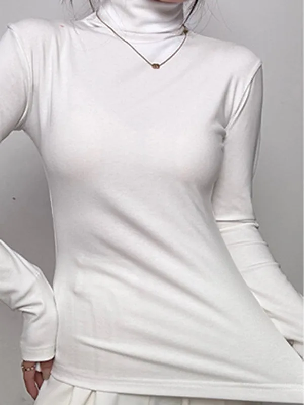 Long Sleeves Skinny Solid Color High Neck T-Shirts Tops