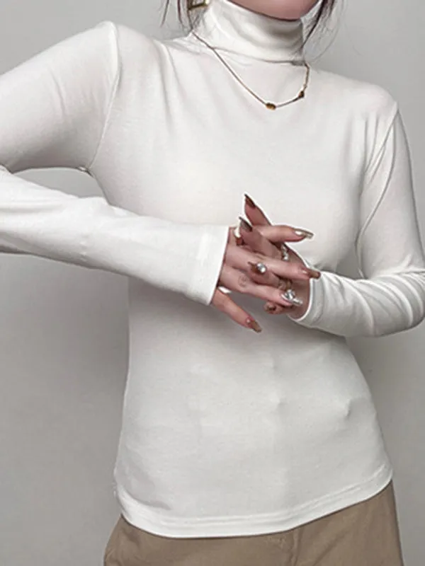 Long Sleeves Skinny Solid Color High Neck T-Shirts Tops