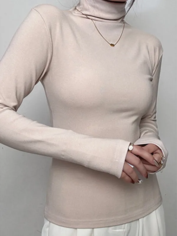 Long Sleeves Skinny Solid Color High Neck T-Shirts Tops