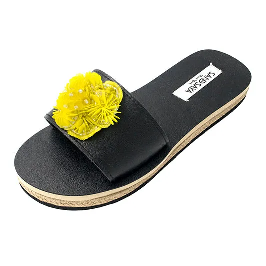 Noho Yellow Flower- Sequenced Embroidered Motifs with Waterproof Espadrille Flat Sandals for Women