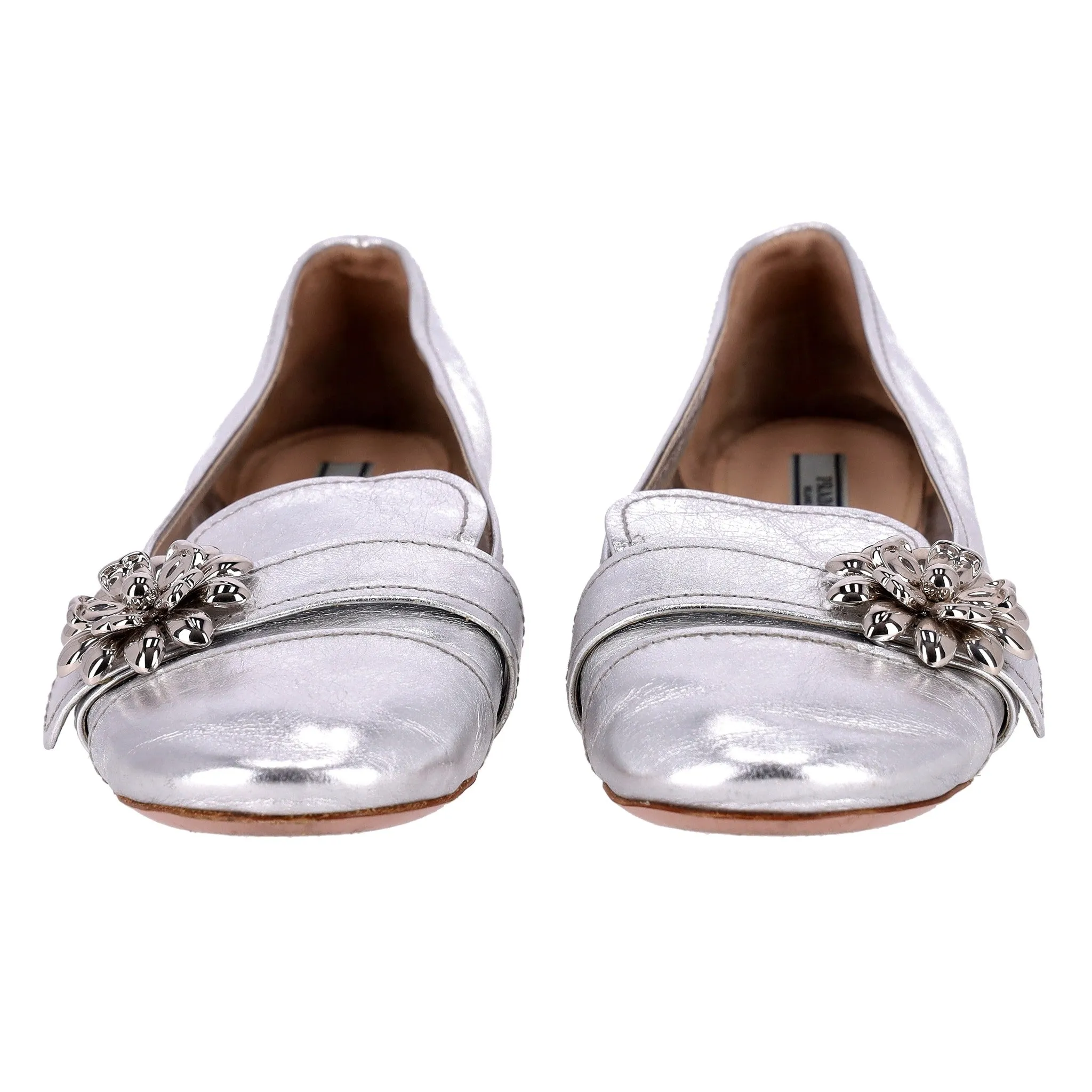 Prada Metallic Leather Flower Brooch Loafers. Size 36.5